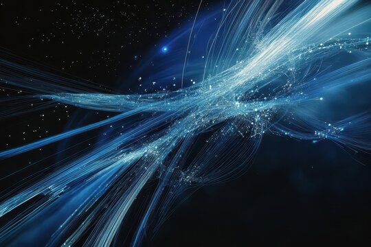 global transportation hub visualization with glowing interconnected flight paths spanning a dark rotating earth, highlighted by blue and white light trails against starry space