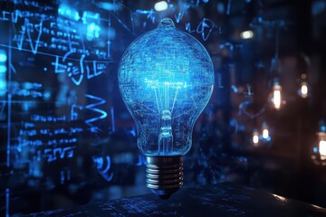 glowing edison bulb surrounded by floating mathematical equations and physics formulas, creating ethereal blue light