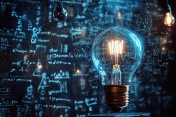 glowing edison bulb surrounded by floating mathematical equations and physics formulas, creating ethereal blue light