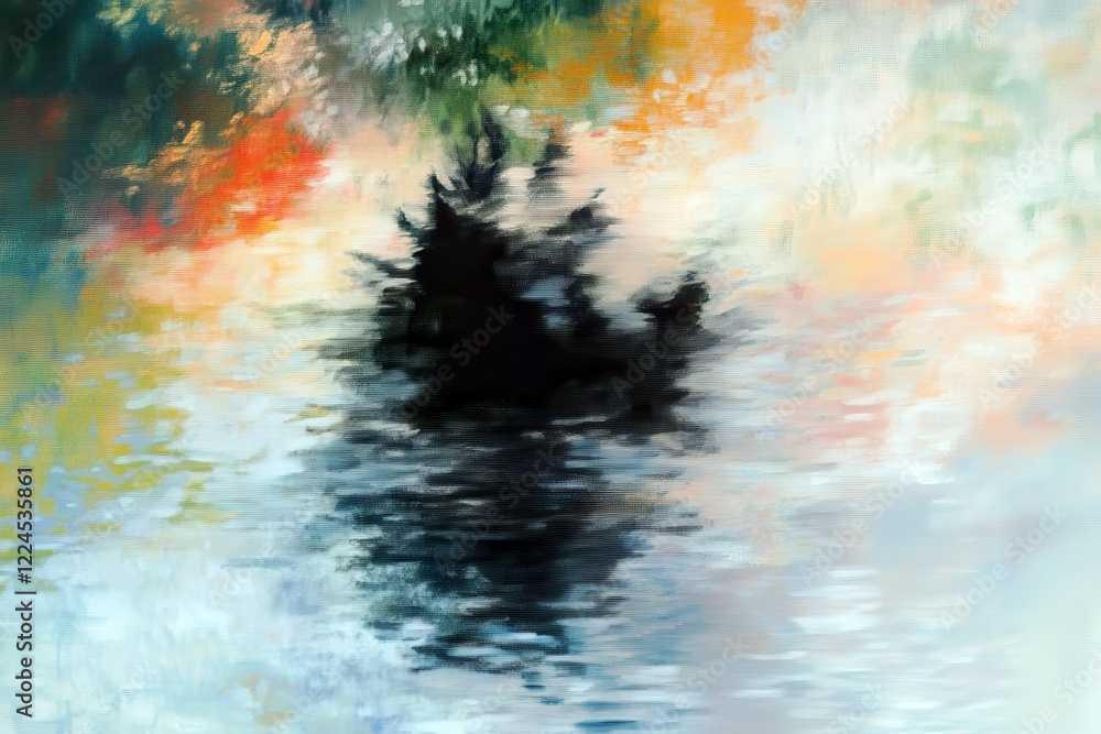 Poster abstract reflection of nature with vibrant colors and textured brush strokes capturing a serene wate