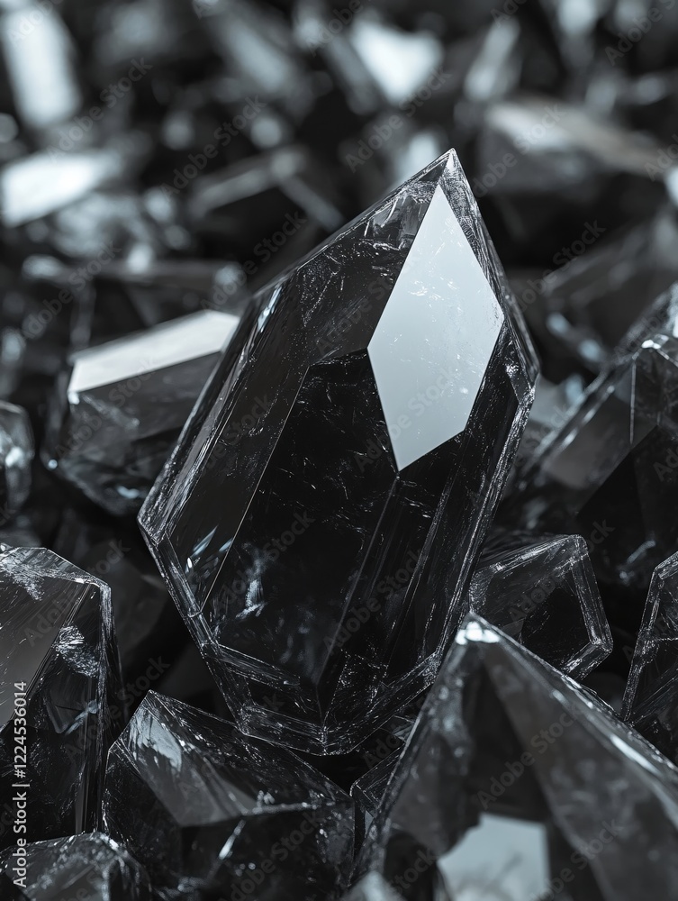 Poster dark crystal formation with sharp edges and reflective surfaces in a close up view
