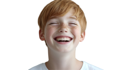 Joyful Child's Laugh: A close-up portrait captures the unrestrained joy of a freckled redhead boy with his eyes closed in pure, infectious laughter. His bright smile radiates happiness. 