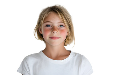 Obraz premium Portrait of a Girl with Freckles: A charming portrait of a young girl with blonde hair and fair skin, adorned with delicate freckles across her nose and cheeks.