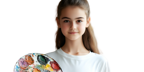 Young Artist with Palette: A charming young girl with long brown hair holds a vibrant artist's palette, her gentle smile hinting at creativity and artistic passion.  