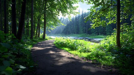 Obraz premium Sunlit Forest Path Beside a Tranquil River