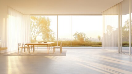 Fototapeta premium Monochromatic dining room featuring minimal decor and clean shapes, isolated on a podest with an infinite gradient background