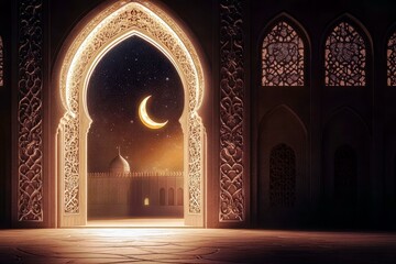 Majestic View of Ornate Arab Architectural Archway at Night with Moon and Stars Shining in the Background
