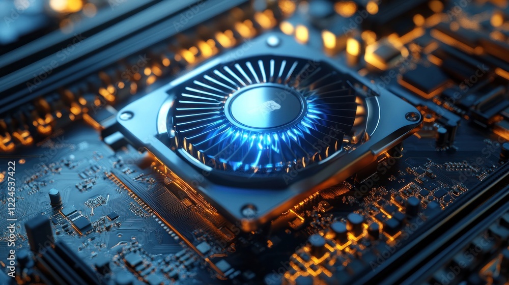 Poster close-up view of a computer processor fan with cooling system and circuit board