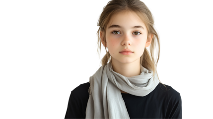 Portrait of Youthful Grace: A young woman with long, flowing brown hair gazes intently at the camera, wearing a soft grey scarf that complements her delicate features.
