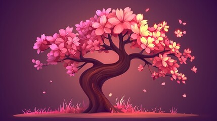 Pink cherry blossom bonsai tree, twilight, garden, serene, digital art, website header