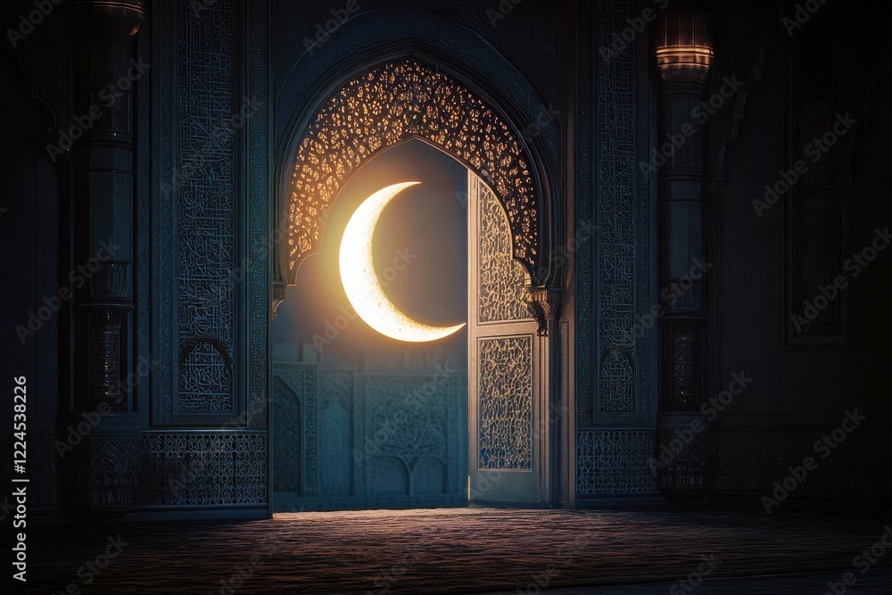Poster mystical doorway with crescent moon glow illuminating intricate architecture and decorative patterns