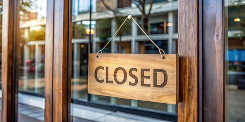 Closed Store Sign on a Wooden Door , vacant store, shuttered business,  vacant store