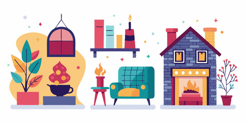 Fototapeta premium Cozy interior scenes with fireplace and modern furniture designs