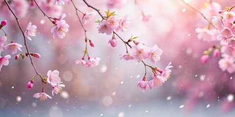Fototapeta premium Soft pink sakura petals gently falling on a winter scene background, creating a serene and peaceful atmosphere, winter, pink sakura petals