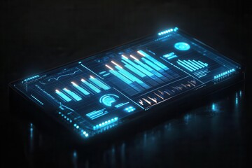 holographic 3d trading dashboard floating in dark space, neon blue candlesticks casting digital reflections, futuristic financial visualization