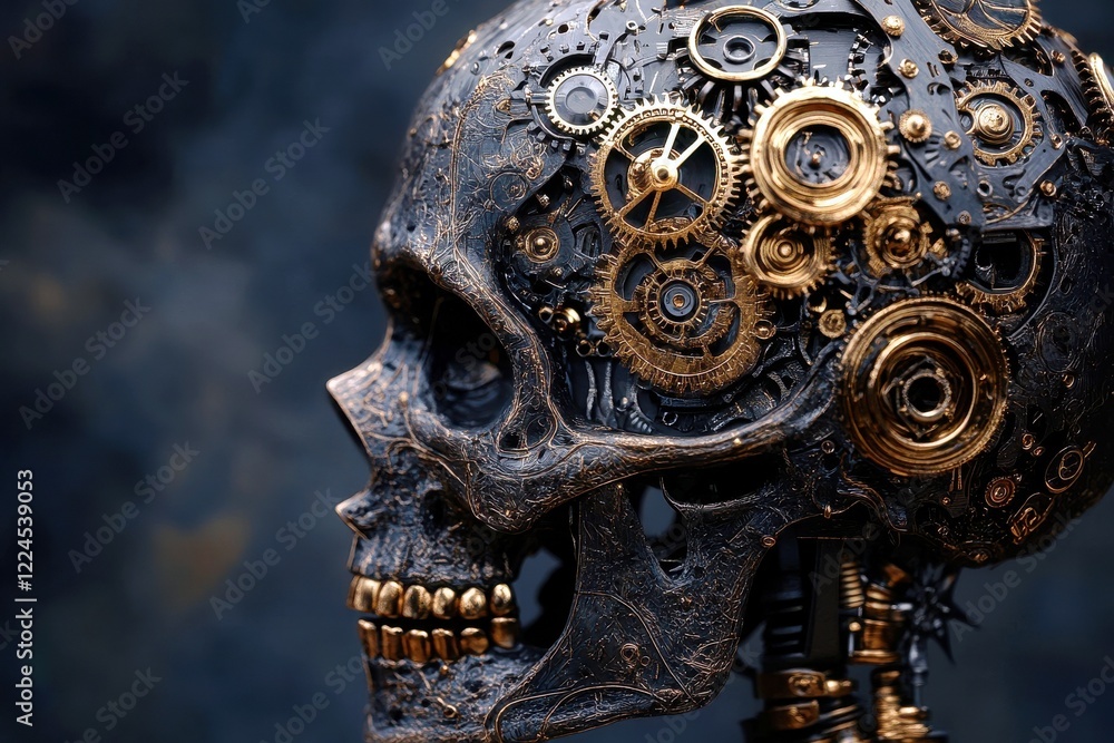 Poster intricate mechanical skull design with gears and clockwork components in an artistic representation 