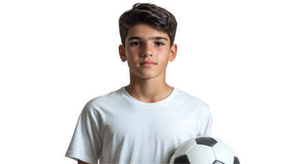 Young Soccer Player Portrait: A determined teenage boy, dressed in a white soccer jersey, holds a soccer ball close to his chest, radiating passion and focus.