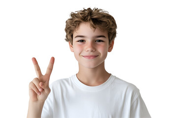 Smiling Boy Victory Sign: A cheerful boy with curly light brown hair shows a peace sign, conveying a sense of positivity, innocence, and playfulness.  His joyful expression is infectious.