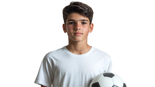 Young Soccer Player Portrait: A determined teenage boy, dressed in a white soccer jersey, holds a soccer ball close to his chest, radiating passion and focus.