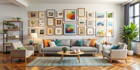 Wall art arrangement on living room wall, gallery wall, contemporary art