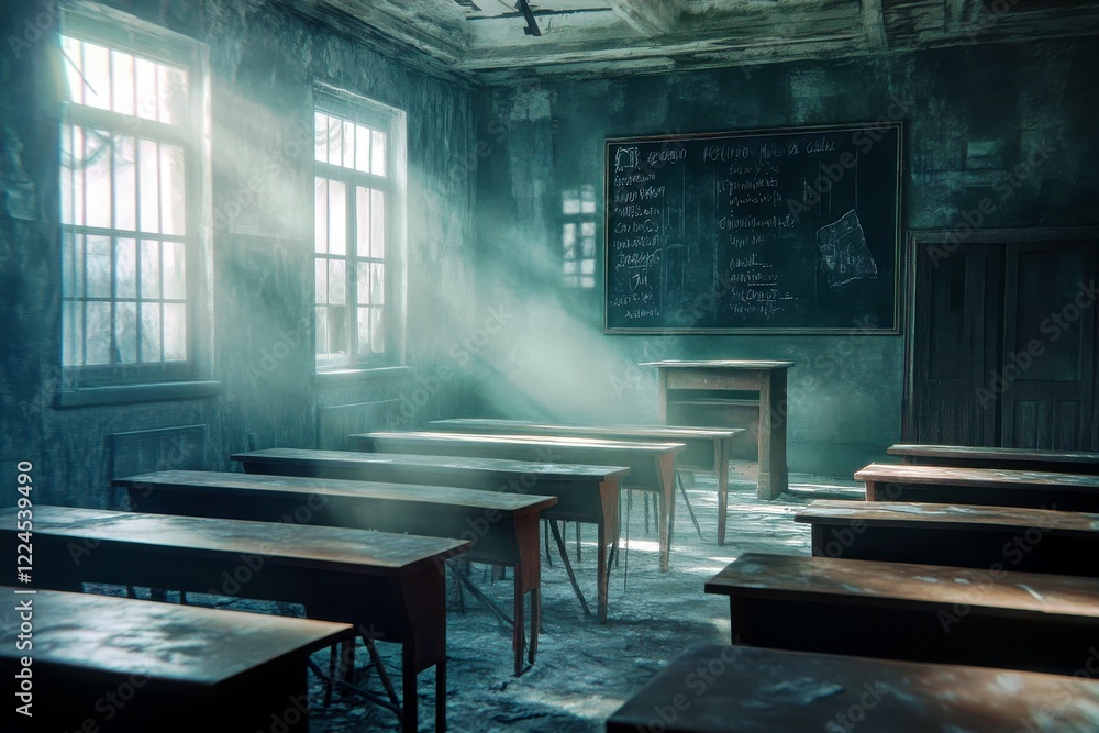 Poster sunlight streams through windows in abandoned classroom with dusty desks and worn chalkboard in atmo