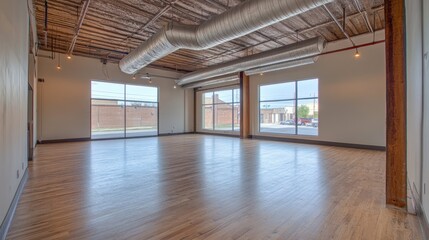 Obraz premium Open loft with blank concrete walls, warm wood flooring, and natural light pouring through large windows; cozy cloth furniture included.