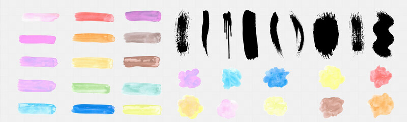 Soft watercolor brushstrokes and splashes in pastel and vibrant colors on light background. Ideal for digital design, branding, backgrounds, and creative projects.