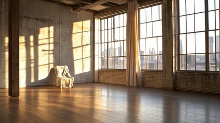 Open loft with exposed concrete walls, sleek wooden floors, and natural light highlighting a cloth chair by the window.