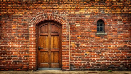 A classic red brick wall with intricate mortar patterns and a weathered stone door , warm, brick,  warm, brick