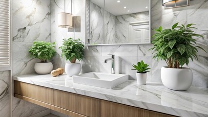 White Marble Bathroom Countertop with Green Plant