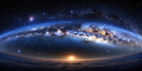Naklejka premium Deep space Milky Way galaxy panorama with stars and planets in a dark blue sky, Space, Universe, Space, Universe