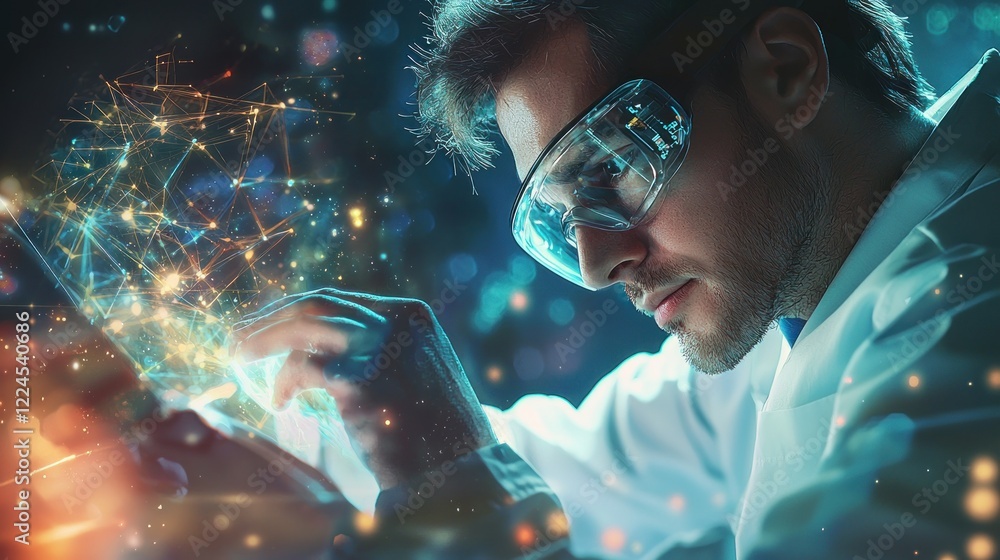 Poster scientist exploring digital network on tablet