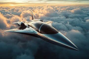 hyperrealistic render of experimental aircraft design, sleek chrome finish, dramatic lighting highlights aerodynamic curves, atmospheric sky background