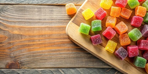 Colorful array of gummies on a wooden cutting board, treats, fruit-flavored,  treats, fruit-flavored, healthy