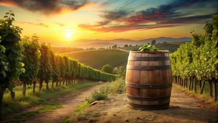 A wooden wine barrel sits on a rustic stone floor surrounded by lush green vines and grapevines in a serene vineyard landscape at sunset , sunset, wine
