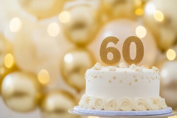 60th birthday cake, adorned with gold accents. Birthday party. Blurred light festive background. Golden balloons. Sixty years or sixtieth anniversary. Celebration cake with golden candles. Numbers 60