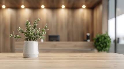 Modern Office Reception Area. Wooden Counter, Green Plant in White Vase. Blurred Background