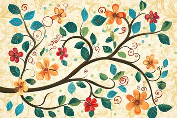 Colorful floral design featuring vibrant flowers and swirling vines on a textured background