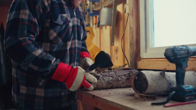Worker Fitting Spoon Measurements On Wood Log. Wooden Spoon Making. medium shot