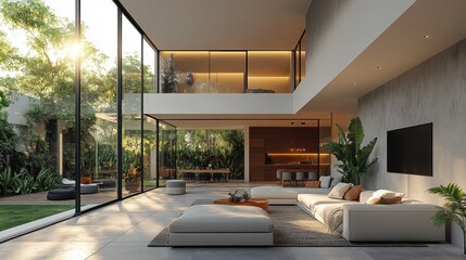 Luxurious modern living room with floor-to-ceiling windows in a sunlit tropical setting