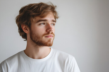 Obraz premium Young Man Pensive Gaze: A portrait of a young man with light brown, wavy hair and a reddish beard, captured in a thoughtful, pensive gaze looking to the side.