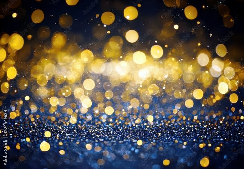 Poster sparkling glittering bokeh background with golden and blue shimmer effect for creative designs and a