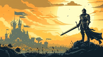 A knight stands on a hilltop with a sword drawn, facing a large castle behind a field of grass.