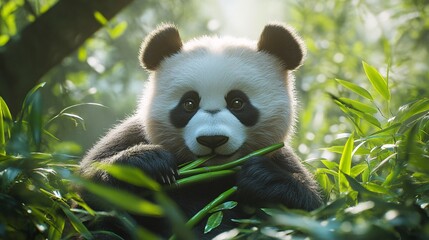 Fototapeta premium Panda eating bamboo enchanted forest animal photography lush greenery close-up wildlife conservation
