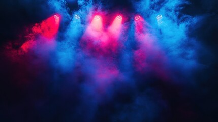Colorful red and blue spotlights shining through misty smoke on stage
