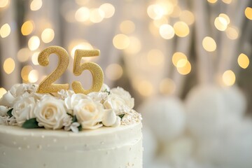 25th birthday cake adorned a gold accents. Birthday party. Blurred light festive background. Golden balloons. Twenty five years, Twenty-fifth anniversary. Celebration cake, golden candles. Numbers 25