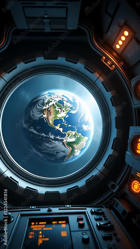 Poster earth rotates majestically through a spaceship window as the scene transitions from day to night