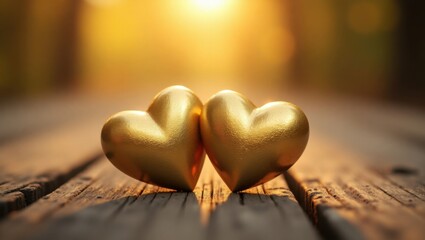 Fototapeta premium Two Golden hearts with golden background
