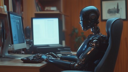 Naklejka premium Futuristic AI robot drone working on a computer in a modern startup environment, advanced technology concept, artificial intelligence in business, high-tech workspace, innovation and productivity.
