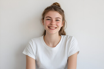 Fototapeta premium Radiant Young Woman: A portrait of a young woman with a bright, genuine smile, showcasing her natural beauty and positive energy. Her hair is styled in a casual bun.